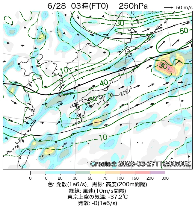 2026年6月28日の日本周辺の250hPa天気図（3時）