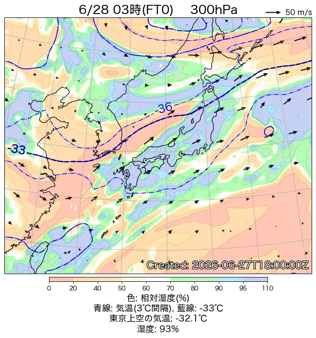 2026年6月28日の日本周辺の300hPa天気図（3時）