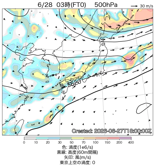 2026年6月28日の日本周辺の500hPa天気図（3時）