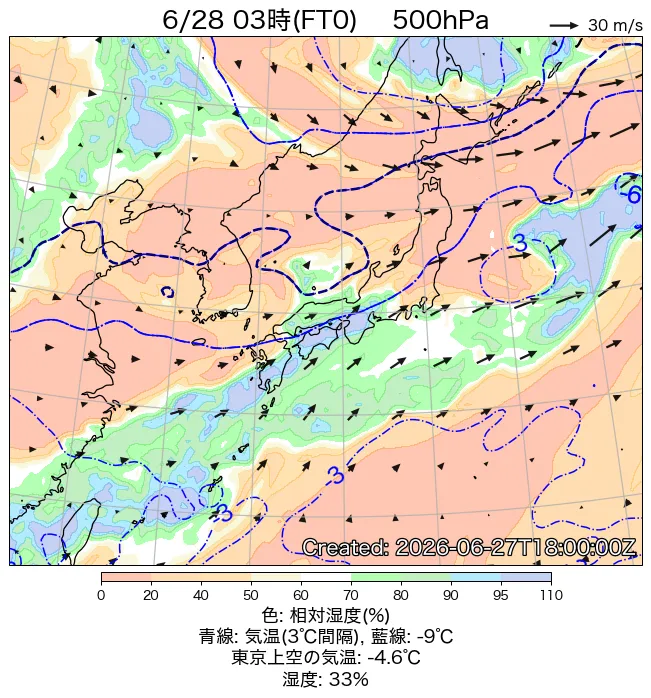 2026年6月28日の日本周辺の500hPa天気図（3時）