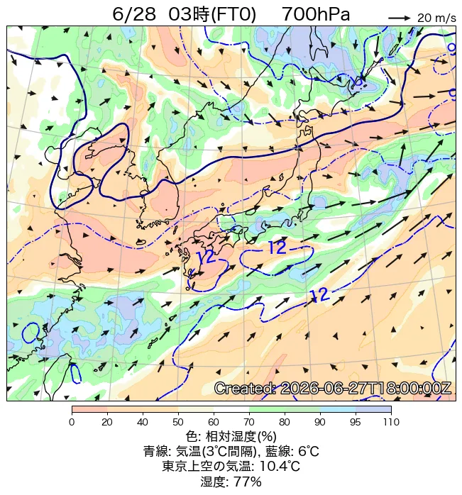 2026年6月28日の日本周辺の700hPa天気図（3時）