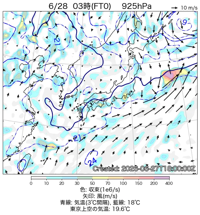 2026年6月28日の日本周辺の925hPa天気図（3時）