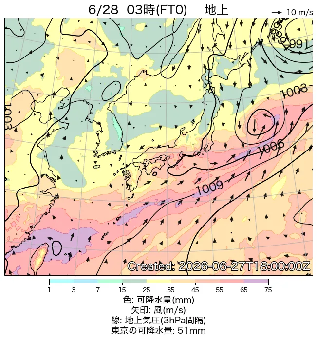 2026年6月28日の日本周辺の地上天気図（3時）