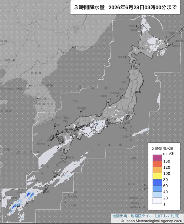 2026年6月28日0〜3時の日本周辺の3時間解析降水量