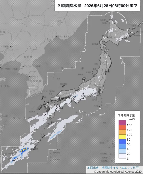 2026年6月28日3〜6時の日本周辺の3時間解析降水量