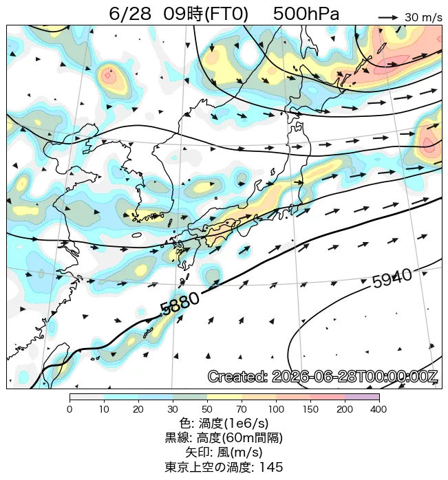 2026年6月28日の日本周辺の500hPa天気図（9時）