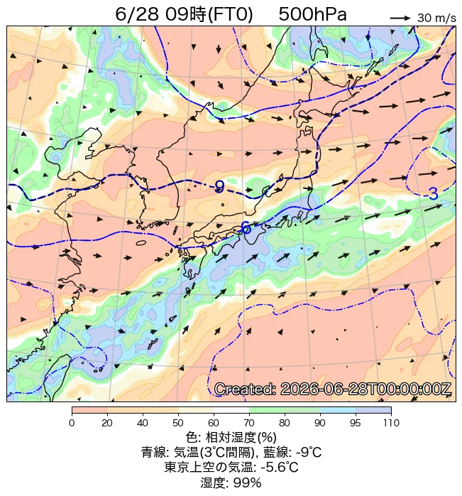 2026年6月28日の日本周辺の500hPa天気図（9時）