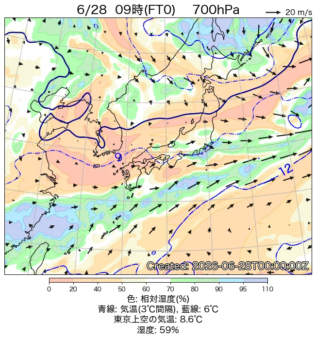 2026年6月28日の日本周辺の700hPa天気図（9時）