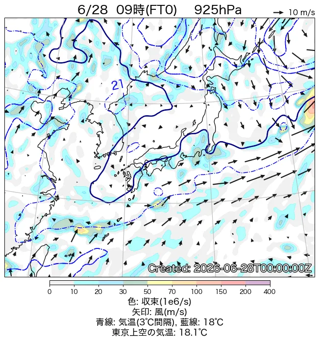 2026年6月28日の日本周辺の925hPa天気図（9時）