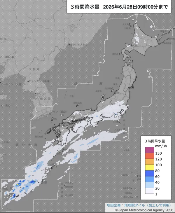 2026年6月28日6〜9時の日本周辺の3時間解析降水量