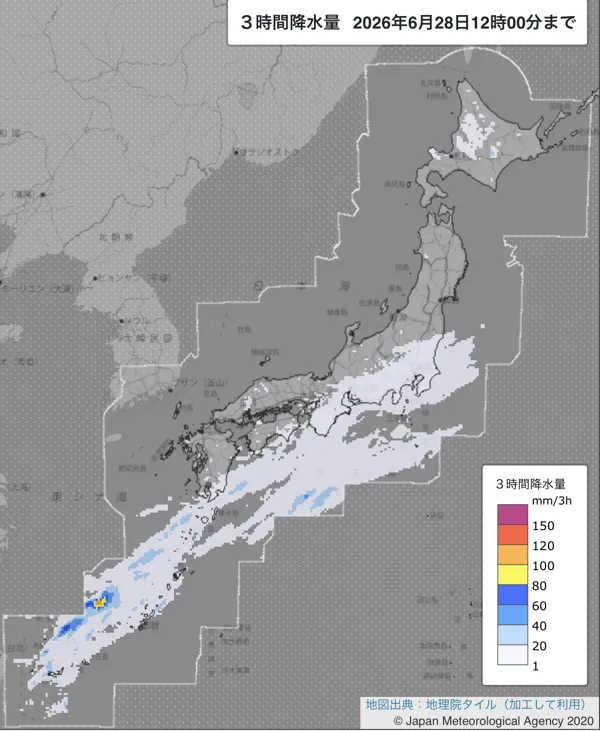 2026年6月28日9〜12時の日本周辺の3時間解析降水量