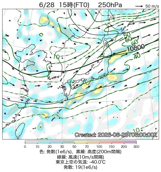 2026年6月28日の日本周辺の250hPa天気図（15時）