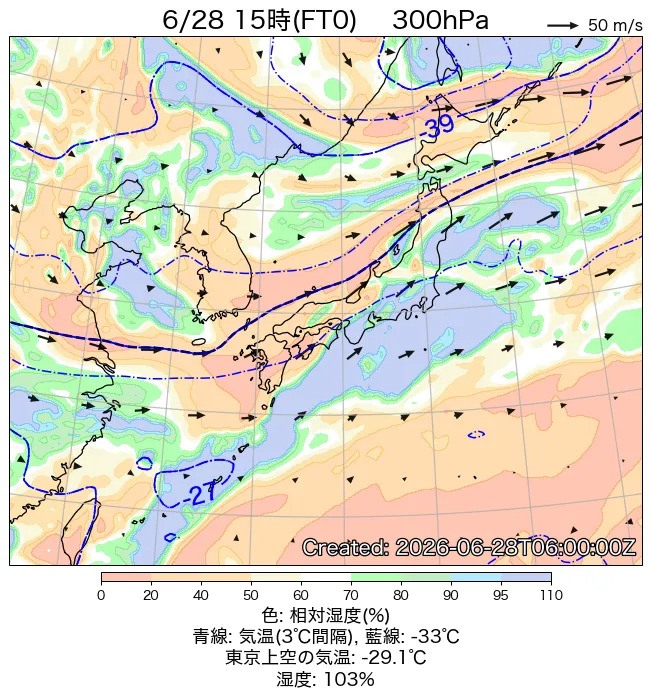 2026年6月28日の日本周辺の300hPa天気図（15時）