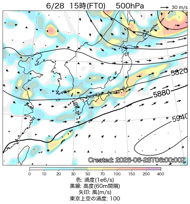 2026年6月28日の日本周辺の500hPa天気図（15時）