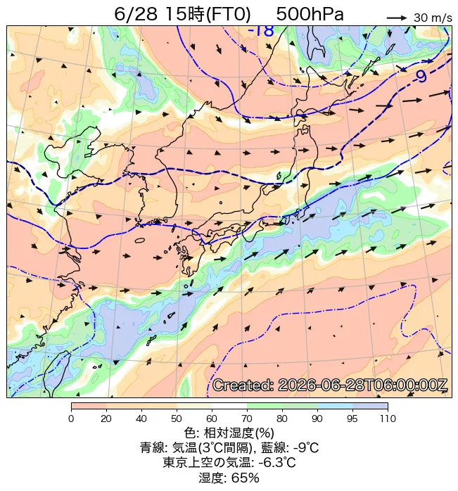 2026年6月28日の日本周辺の500hPa天気図（15時）