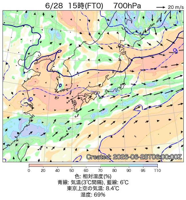 2026年6月28日の日本周辺の700hPa天気図（15時）