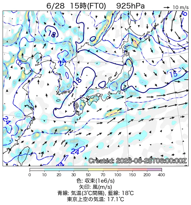 2026年6月28日の日本周辺の925hPa天気図（15時）