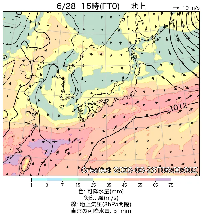2026年6月28日の日本周辺の地上天気図（15時）