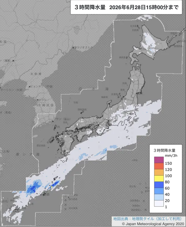 2026年6月28日12〜15時の日本周辺の3時間解析降水量