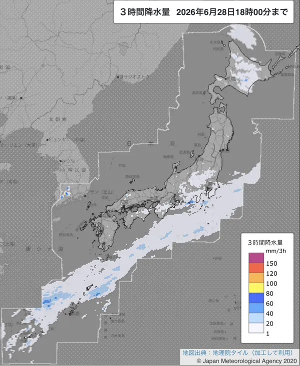 2026年6月28日15〜18時の日本周辺の3時間解析降水量