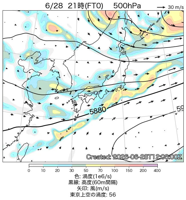 2026年6月28日の日本周辺の500hPa天気図（21時）