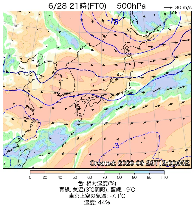 2026年6月28日の日本周辺の500hPa天気図（21時）