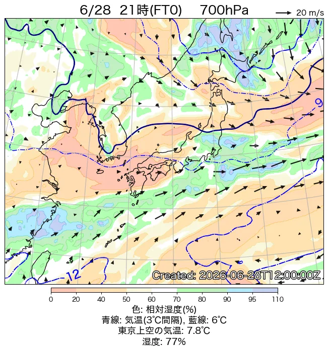 2026年6月28日の日本周辺の700hPa天気図（21時）