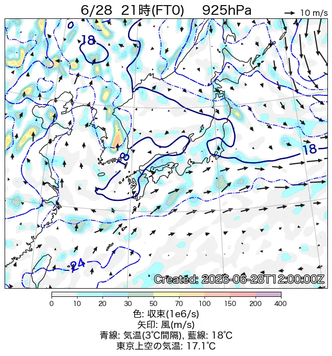 2026年6月28日の日本周辺の925hPa天気図（21時）