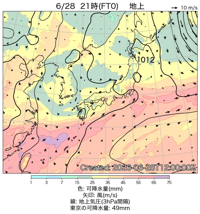2026年6月28日の日本周辺の地上天気図（21時）