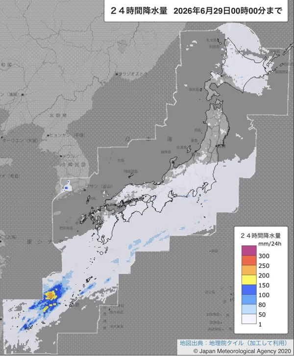 2026年6月28日の日本周辺の日解析雨量の図