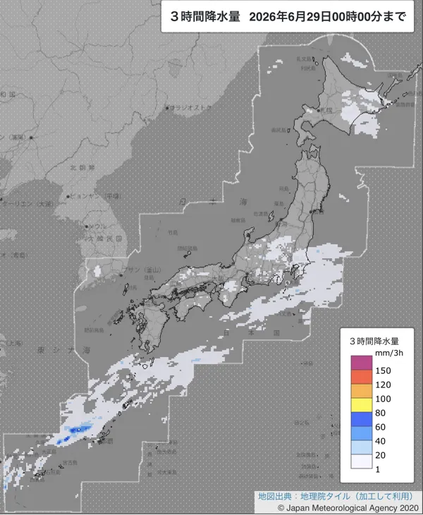 2026年6月28日21〜24時の日本周辺の3時間解析降水量