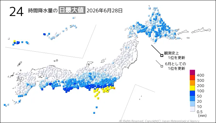 日本のアメダス24時間最大降水量の図