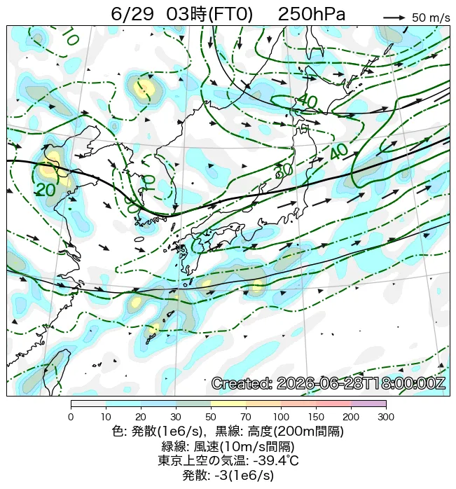 2026年6月29日の日本周辺の250hPa天気図（3時）