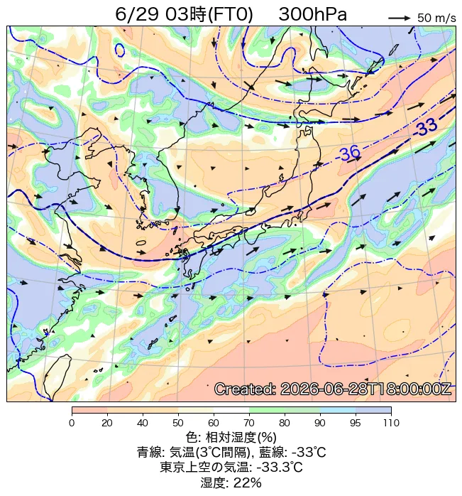 2026年6月29日の日本周辺の300hPa天気図（3時）