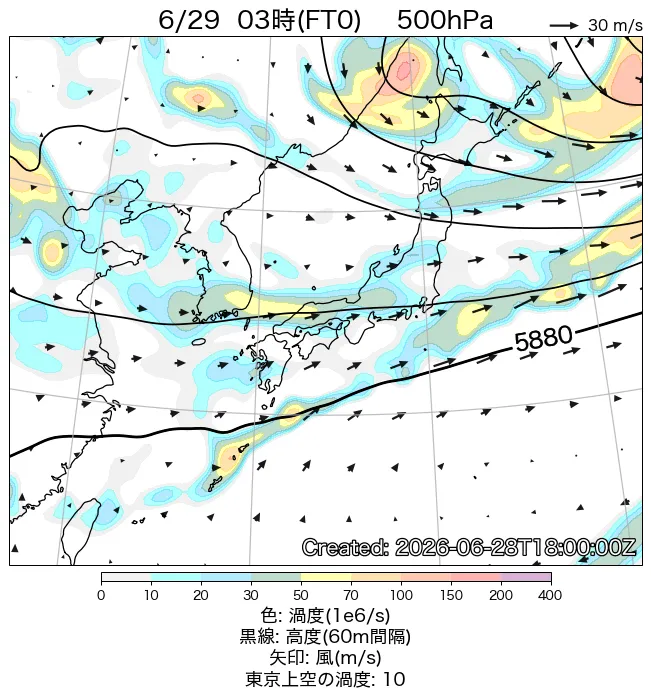2026年6月29日の日本周辺の500hPa天気図（3時）