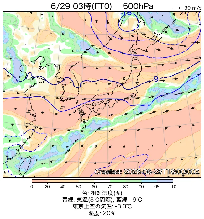2026年6月29日の日本周辺の500hPa天気図（3時）