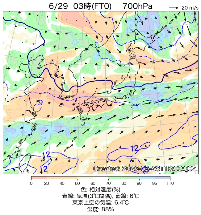 2026年6月29日の日本周辺の700hPa天気図（3時）