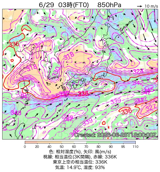 2026年6月29日の日本周辺の850hPa天気図（3時）