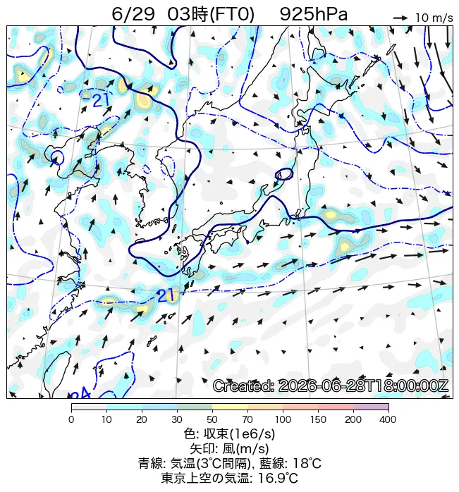 2026年6月29日の日本周辺の925hPa天気図（3時）
