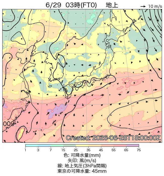2026年6月29日の日本周辺の地上天気図（3時）