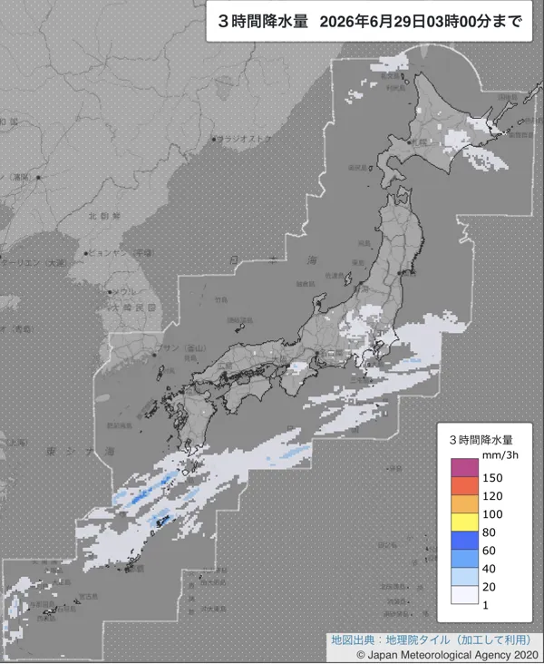 2026年6月29日0〜3時の日本周辺の3時間解析降水量