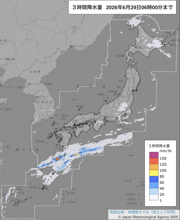 2026年6月29日3〜6時の日本周辺の3時間解析降水量
