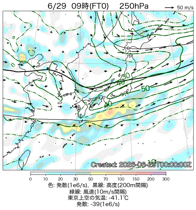 2026年6月29日の日本周辺の250hPa天気図（9時）