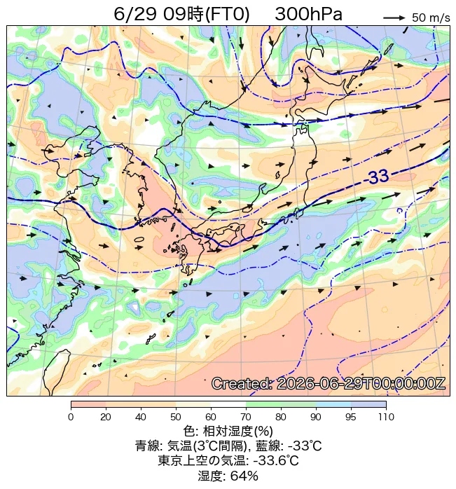 2026年6月29日の日本周辺の300hPa天気図（9時）