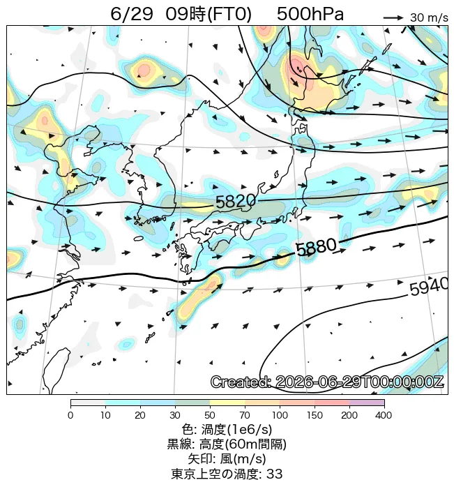 2026年6月29日の日本周辺の500hPa天気図（9時）