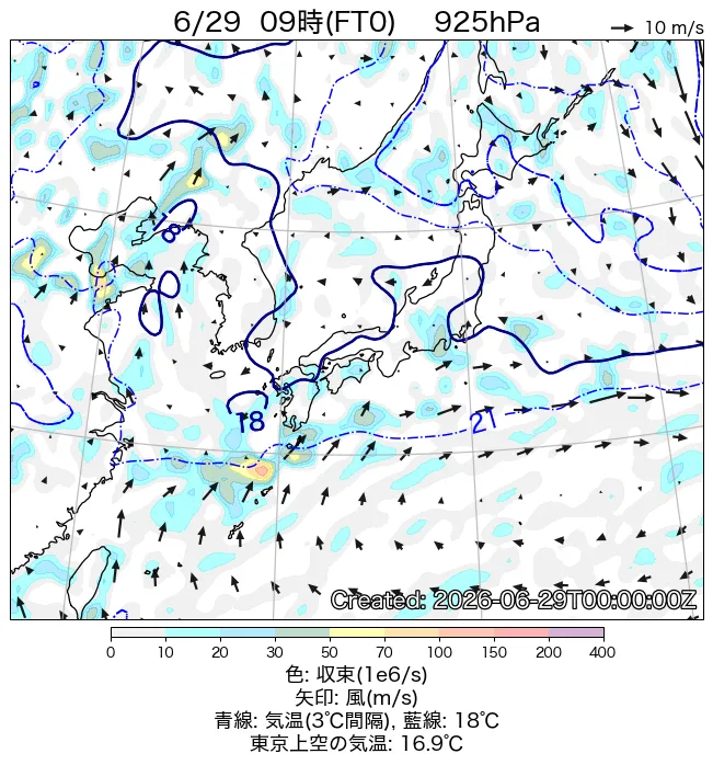 2026年6月29日の日本周辺の925hPa天気図（9時）