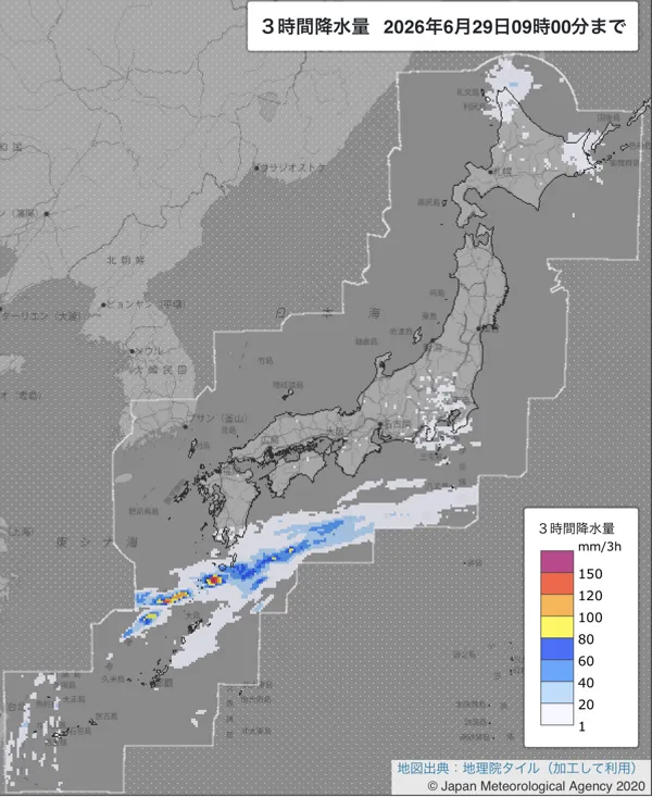 2026年6月29日6〜9時の日本周辺の3時間解析降水量