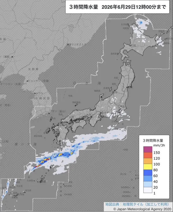 2026年6月29日9〜12時の日本周辺の3時間解析降水量