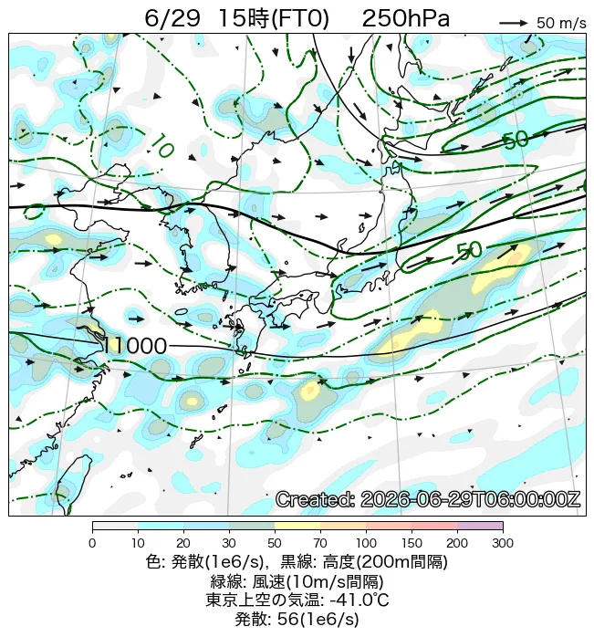 2026年6月29日の日本周辺の250hPa天気図（15時）