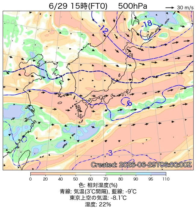 2026年6月29日の日本周辺の500hPa天気図（15時）